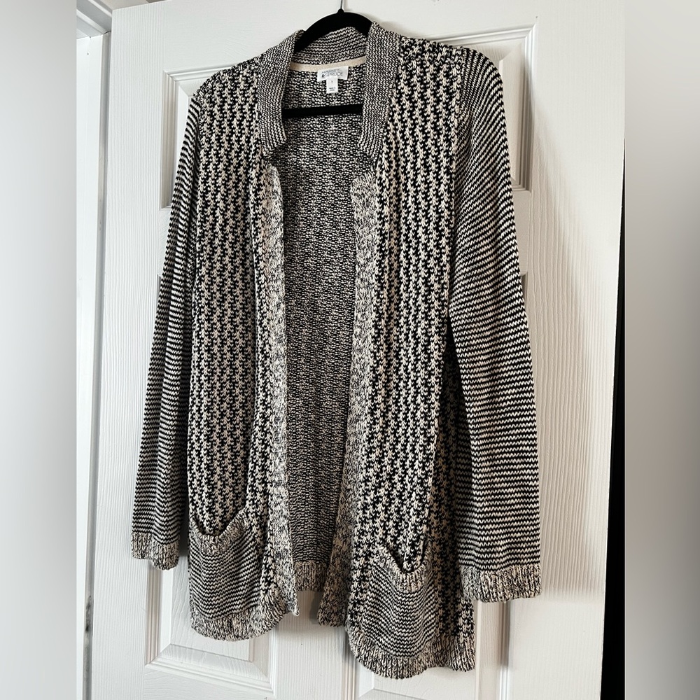Open-Front Black & White Knit Cardigan Sweater